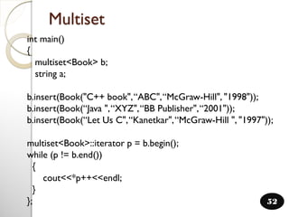 int main()
{
multiset<Book> b;
string a;
b.insert(Book("C++ book",“ABC",“McGraw-Hill", "1998"));
b.insert(Book(“Java ",“XYZ",“BB Publisher",“2001"));
b.insert(Book(“Let Us C",“Kanetkar",“McGraw-Hill ", "1997"));
multiset<Book>::iterator p = b.begin();
while (p != b.end())
{
cout<<*p++<<endl;
}
};
Multiset
52
 