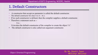 1. Default Constructors
Department of E&TC Engineering, MCERC, Nashik
Object Oriented Programming
By- Ms. Dipali K. Pawar
ME(Comp) , BE(Comp)
• A constructor that accept no parameter is called the default constructor.
• The default constructor for class A is A :: A( ).
• If no such constructor is defined, then the compiler supplies a default constructor.
• Therefore a statement such as :-
A a ;
It invokes the default constructor of the compiler to create the object “a”.
• The default constructor is also called non-argument constructor.
 
