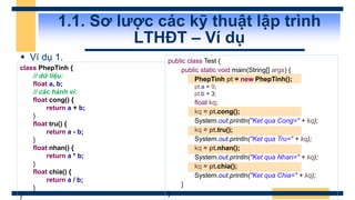  Ví dụ 1.
1.1. Sơ lược các kỹ thuật lập trình
LTHĐT – Ví dụ
class PhepTinh {
// dữ liệu:
float a, b;
// các hành vi:
floa...