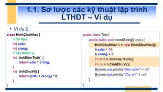  Ví dụ 2.
1.1. Sơ lược các kỹ thuật lập trình
LTHĐT – Ví dụ
class HinhChuNhat {
// dữ liệu:
int cdai;
int crong;
// các h...