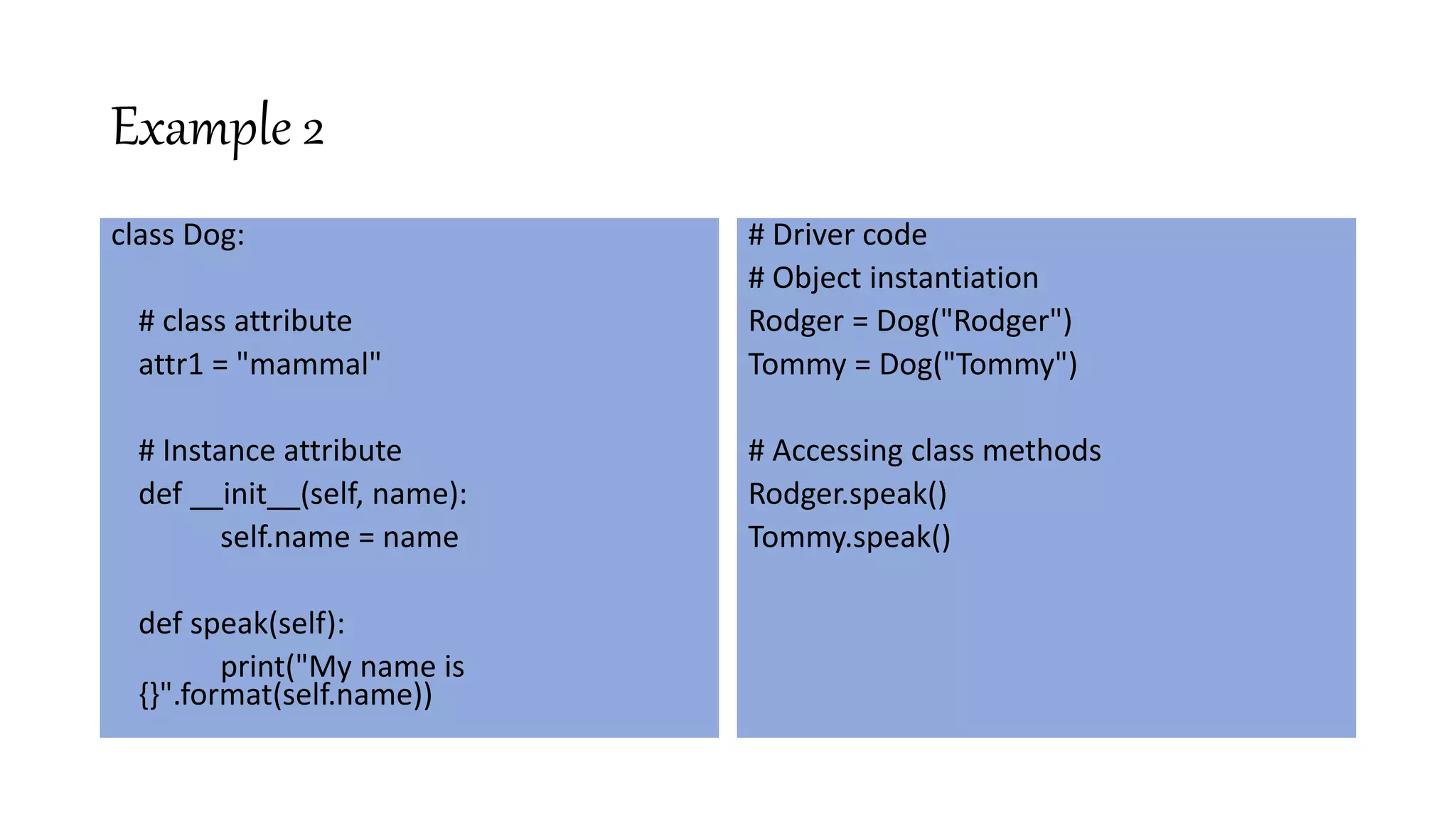Example 2
class Dog:
# class attribute
attr1 = "mammal"
# Instance attribute
def __init__(self, name):
self.name = name
def speak(self):
print("My name is
{}".format(self.name))
# Driver code
# Object instantiation
Rodger = Dog("Rodger")
Tommy = Dog("Tommy")
# Accessing class methods
Rodger.speak()
Tommy.speak()
 