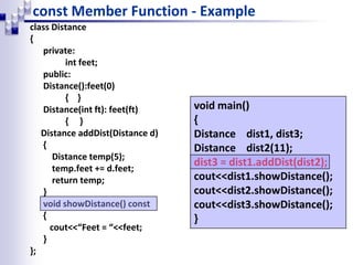 const Member Function - Example
class Distance
{
private:
int feet;
public:
Distance():feet(0)
{ }
Distance(int ft): feet(ft)
{ }
Distance addDist(Distance d)
{
Distance temp(5);
temp.feet += d.feet;
return temp;
}
void showDistance() const
{
cout<<“Feet = “<<feet;
}
};
void main()
{
Distance dist1, dist3;
Distance dist2(11);
dist3 = dist1.addDist(dist2);
cout<<dist1.showDistance();
cout<<dist2.showDistance();
cout<<dist3.showDistance();
}
 