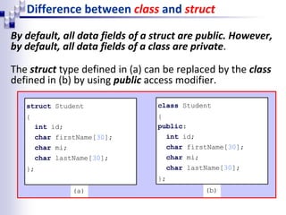 Difference between class and struct
By default, all data fields of a struct are public. However,
by default, all data fields of a class are private.
The struct type defined in (a) can be replaced by the class
defined in (b) by using public access modifier.
struct Student
{
int id;
char firstName[30];
char mi;
char lastName[30];
};
(a)
class Student
{
public:
int id;
char firstName[30];
char mi;
char lastName[30];
};
(b)
 