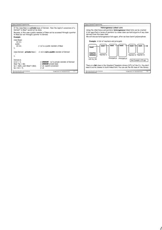Object Oriented Programming                                                                     Object Oriented Programming

   If the class Base is a private base of Derived , then the implicit conversion of a                                  Heterogeneous Linked Lists
   Derived* to Base* would not be done.                                                           Using the inheritance and pointers, heterogeneous linked lists can be created.
   Because, in this case a public member of Base can be accessed through a pointer                A list specified in terms of pointers to a base class can hold objects of any class
   to Base but not through a pointer to Derived.                                                  derived from this base class.
   Example:                                                                                       We will discuss heterogeneous lists again, after we have learnt polymorphism.

   class Base{
       int m1;                                                                                          Example: A list of teachers and principals
      public:
       int m2;                           // m2 is a public member of Base                                                        next        next         next           next          next       0
                                                                                                         head
   };

   class Derived : private Base {        // m2 is not a public member of Derived
                                                                                                         insert()
      :                                                                                                                        Teacher t1
                                                                                                         delete()                                                       Teacher t2 Teacher t3
   };
                                                                                                                                            Principal p1 Principal p2
                                                                                                       List my_list
   Derived d;                                                                                                                                                              See Example: e74.cpp
   d.m2 = 5;                               // ERROR! m2 is private member of Derived
   Base *bp = &d;                          // ERROR! private base
   bp = static_cast<Base*>(&d);            // ok: explicit conversion                            There is a list class in the Standard Template Library (STL) of the C++. You don’t
   bp->m2 = 5;                             // ok                                                 need to write classes to build linked lists. You can use the list class of the library.

 http://www.faculty.itu.edu.tr/buzluca                      ©1999-2010 Dr. Feza BUZLUCA   7.7    http://www.faculty.itu.edu.tr/buzluca                             ©1999-2010 Dr. Feza BUZLUCA    7.8
 http://www.buzluca.info                                                                         http://www.buzluca.info




                                                                                                                                                                                                        2
 