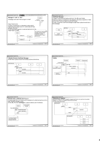 Object Oriented Programming                                   License: http://creativecommons.org/licenses/by-nc-nd/3.0/    Object Oriented Programming

                                                                                                                             Conditional Messages:
  Messages to “self” or “this”:                                                                   :Counter                  To support conditional and looping constructs, the UML uses frames.
 A message can be sent from an object to itself.                                             msg1()                         Frames are regions or fragments of the diagrams; they have an operator or label
                                                                                                          clear()           (such as loop or opt) and a guard (conditional clause).
                                                                                                                            In order to illustrate conditional messages an opt frame is placed around one or
  Object Destruction:                                                                                                       more messages.
  In some circumstances it is desirable to show explicit
  destruction of an object (as in C++, which does not have
  garbage collection).                                                                                                                                               sd if-then
  In this case delete operator is used and destructor of the                                                                                                                                 :A                                 :B
                                                                                                                                             Label
  target object is called.
                                                                                                                                                                                  msg1()
                                                                                         The «destroy» stereotyped                                                                                         msg x
                             :Admin                                                      message, with the large
                                                                                         X and short lifeline                             Frame                                      opt       [color = blue]
                                                                                                                                    if condition is true                                                   calculate()
                                                                                         indicates explicit object
                                                create(crn)                              destruction
                                                                      :Course                                                                                                                              msg y
                                         ....

                                           <<destroy>>
                                                                         X


 http://www.faculty.itu.edu.tr/buzluca                                             ©1999-2010 Dr. Feza BUZLUCA       9.19    http://www.faculty.itu.edu.tr/buzluca                                              ©1999-2010 Dr. Feza BUZLUCA        9.20
 http://www.buzluca.info                                                                                                     http://www.buzluca.info




Object Oriented Programming                                                                                                 Object Oriented Programming

  Mutually Exclusive Conditional Messages :                                                                                  Looping:
 An alt frame is placed around the mutually exclusive alternatives.
                                                                                                                                                                     :Simulator                            :Random         :Programmer

                                                                                                                                             runSimulation()
   sd if-then-else
                                     :A                                      :B                    :C                                                          loop         [i:=1..N]

                          msg1()                                                                                                                                                      hours := nextInt()
                                                                                                                                   Guard
                               alt         [x<10]                                                                           Continuation condition                                          work(hours)
                                                     calculate()

                                           [else]
                                                     calculate()                                                                                                                  eat()
                                                                                                                                      Borders of
                                                                                                                                      The for loop




 http://www.faculty.itu.edu.tr/buzluca                                             ©1999-2010 Dr. Feza BUZLUCA       9.21    http://www.faculty.itu.edu.tr/buzluca                                              ©1999-2010 Dr. Feza BUZLUCA        9.22
 http://www.buzluca.info                                                                                                     http://www.buzluca.info




Object Oriented Programming                                                                                                 Object Oriented Programming

 Iteration Over a Collection (Multiobject):                                                                                   Interaction of diagrams :
                                                                                                                             Reference frames are used to simplify a diagram and factor out a portion into another
 A common algorithm is to iterate over all members of a collection (such as a list or                                        diagram, or if there is a reusable interaction occurrence.
 map), sending a message to each.                                                                                            It is like calling subroutines.
 In the UML, the term “multiobject” is used to denote a set of instances.                                                          sd interaction
                                                                                                                                                                      :A                                   :B                        :C
                                                          myCourses[i]
                              :Student                      :Course                                                                                        msg1()
                                                                                                                                                                                   msg1()
         avg := getAverage ()
                                                                                                                                                                                                  ref
                          loop       [i<myCourses.size]                                                                                                                                                             Operation
                                         grade := getGrade()

                                 i++                                                                                                                                               msg2()



                                                                                                                                                                             sd Operation
                                                                                                                                                                                                                    :B                        :C
    An optional activation box
    may contain arbitrary                                                                                                                                                                                                   msg x()
    language statements
                                                                                                                                                                                                                            msg y()

                                                                                                                                                                                                                            msg z()

 http://www.faculty.itu.edu.tr/buzluca                                             ©1999-2010 Dr. Feza BUZLUCA       9.23    http://www.faculty.itu.edu.tr/buzluca                                              ©1999-2010 Dr. Feza BUZLUCA        9.24
 http://www.buzluca.info                                                                                                     http://www.buzluca.info




                                                                                                                                                                                                                                                          4
 