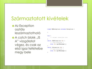 Származtatott kivételekAz Exception osztály leszármaztathatóA catch blokk „IS A” vizsgálatot végez, és csak az első igaz feltételbe megy bele