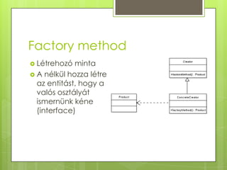 FactorymethodLétrehozó mintaA nélkül hozza létre az entitást, hogy a valós osztályát ismernünk kéne (interface)