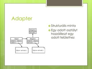 AdapterStrukturális mintaEgy adott osztályt hozzáilleszt egy adott felülethez
