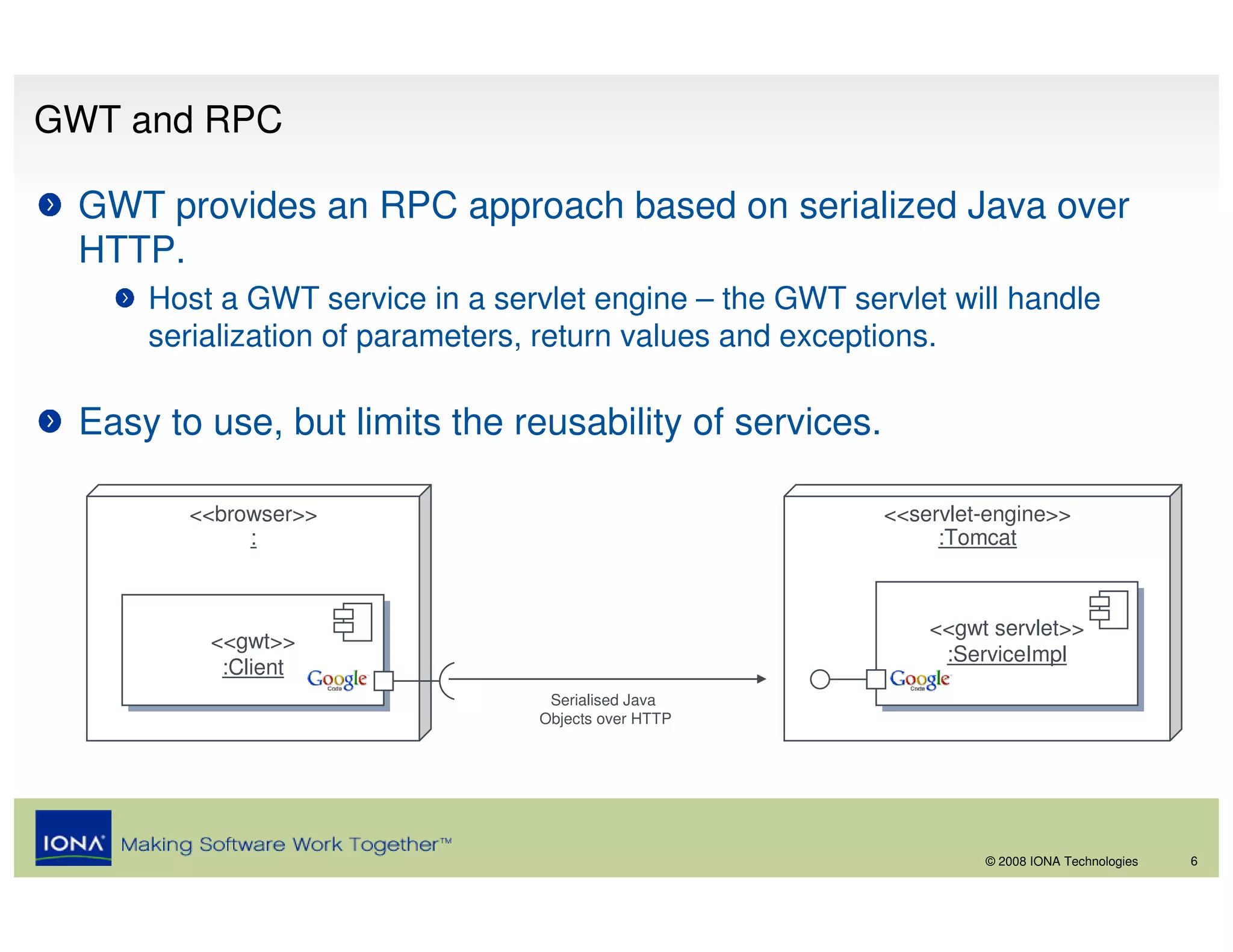 GWT and RPC

 GWT provides an RPC approach based on serialized Java over
 HTTP.
     Host a GWT service in a servlet engine – the GWT servlet will handle
     serialization of parameters, return values and exceptions.

 Easy to use, but limits the reusability of services.

        <<browser>>                                      <<servlet-engine>>
             :                                                :Tomcat



                                                             <<gwt servlet>>
                                                             <<gwt servlet>>
         <<gwt>>
         <<gwt>>                                              :ServiceImpl
                                                               :ServiceImpl
          :Client
           :Client
                                 Serialised Java
                                Objects over HTTP




                                                                  © 2008 IONA Technologies   6
 