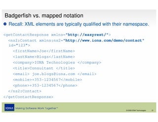 Badgerfish vs. mapped notation
  Recall: XML elements are typically qualified with their namespace.

<getContactResponse xmlns="http://easyrest/">
  <ns2:Contact xmlns:ns2="http://www.iona.com/demo/contact"
  id="123">
    <firstName>Joe</firstName>
    <lastName>Blogs</lastName>
    <company>IONA Technologies </company>
    <title>Consultant </title>
    <email> joe.blogs@iona.com </email>
    <mobile>+353-1234567</mobile>
    <phone>+353-1234567</phone>
  </ns2:Contact>
</getContactResponse>


                                                         © 2008 IONA Technologies   31
 