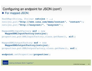 Configuring an endpoint for JSON (cont’)
  For mapped JSON:
HashMap<String, String> nstojns = …;
nstojns.put("http://www.iona.com/demo/contact", "contact");
nstojns.put("http://easyrest/", "easyrest");

MappedXMLInputFactory xif = new
  MappedXMLInputFactory(nstojns);
properties.put(XMLInputFactory.class.getName(), xif);

MappedXMLOutputFactory xof = new
  MappedXMLOutputFactory(nstojns);
properties.put(XMLOutputFactory.class.getName(), xof);

endpoint.setProperties(properties);



                                                   © 2008 IONA Technologies   35
 