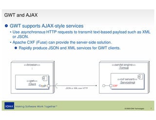 GWT and AJAX

  GWT supports AJAX-style services
  • Use asynchronous HTTP requests to transmit text-based payload such as XML
    or JSON.
  • Apache CXF (Fuse) can provide the server-side solution.
        Rapidly produce JSON and XML services for GWT clients.



         <<browser>>                                    <<servlet-engine>>
              :                                              :Tomcat



                                                            <<cxf servant>>
                                                            <<cxf servant>>
          <<gwt>>
          <<gwt>>                                            :ServiceImpl
                                                              :ServiceImpl
           :Client
            :Client                                     CXF
                               JSON or XML over HTTP




                                                                 © 2008 IONA Technologies   7
 