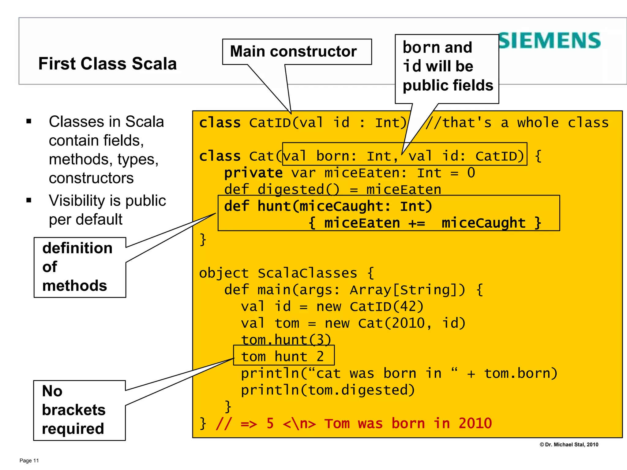 A more advanced example (1)  (from Venkat Subramanian‘s book Programming Scala, pp.5)Page 8import scala.actors._import Actor._val symbols = List( "AAPL", "GOOG", "IBM", "JAVA", "MSFT")val receiver = selfval year = 2009symbols.foreach {   symbol =>  actor { receiver ! getYearEndClosing(symbol, year) }}val (topStock, highestPrice) = getTopStock(symbols.length)printf("Top stock of %d is %s closing at price %f\n", year, topStock, highestPrice)def getYearEndClosing(symbol : String, year : Int) = {    val url = new       java.net.URL("http://ichart.finance.yahoo.com/table.csv?s=" +    symbol + "&a=11&b=01&c=" + year + "&d=11&e=31&f=" + year + "&g=m")        val data = io.Source.fromURL(url).mkString    val price = data.split("\n")(1).split(",")(4).toDouble      (symbol, price)} // .. to be continued