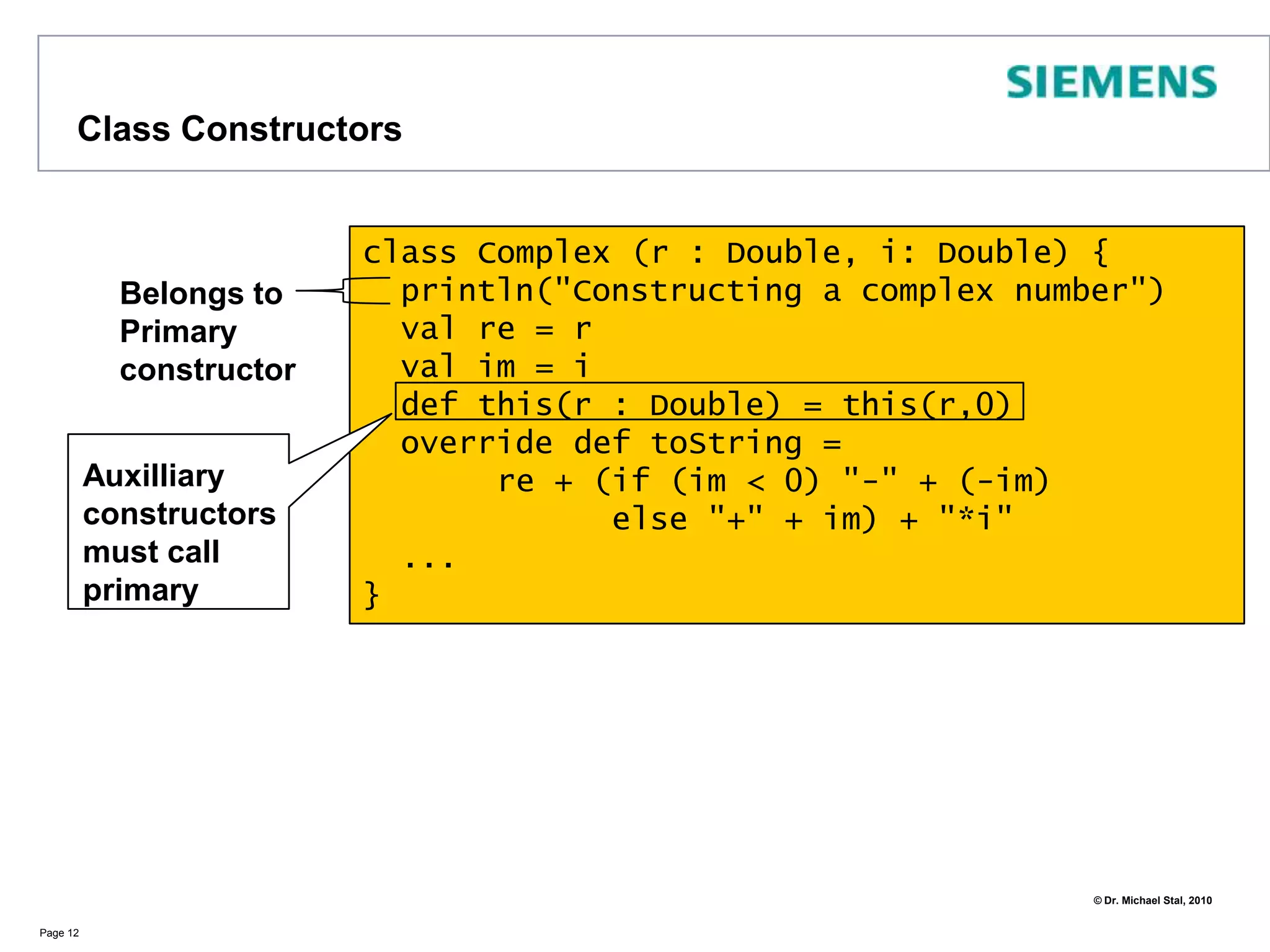 A more advanced example (2)(from Venkat Subramanian‘s book Programming Scala, pp.5)Run this within interpreter mode scala TopScala.scalaAfter the end of the talk return to this example and check whether you better understand itPage 9// continued ...def getTopStock(count : Int) : (String, Double) = {     (1 to count).foldLeft("", 0.0) { (previousHigh, index) =>         receiveWithin(10000) {             case (symbol : String, price : Double) =>                   if (price > previousHigh._2) (symbol, price)            else previousHigh         }     }} // will result in =>// Top stock of 2009 is GOOG closing at price 619,980000