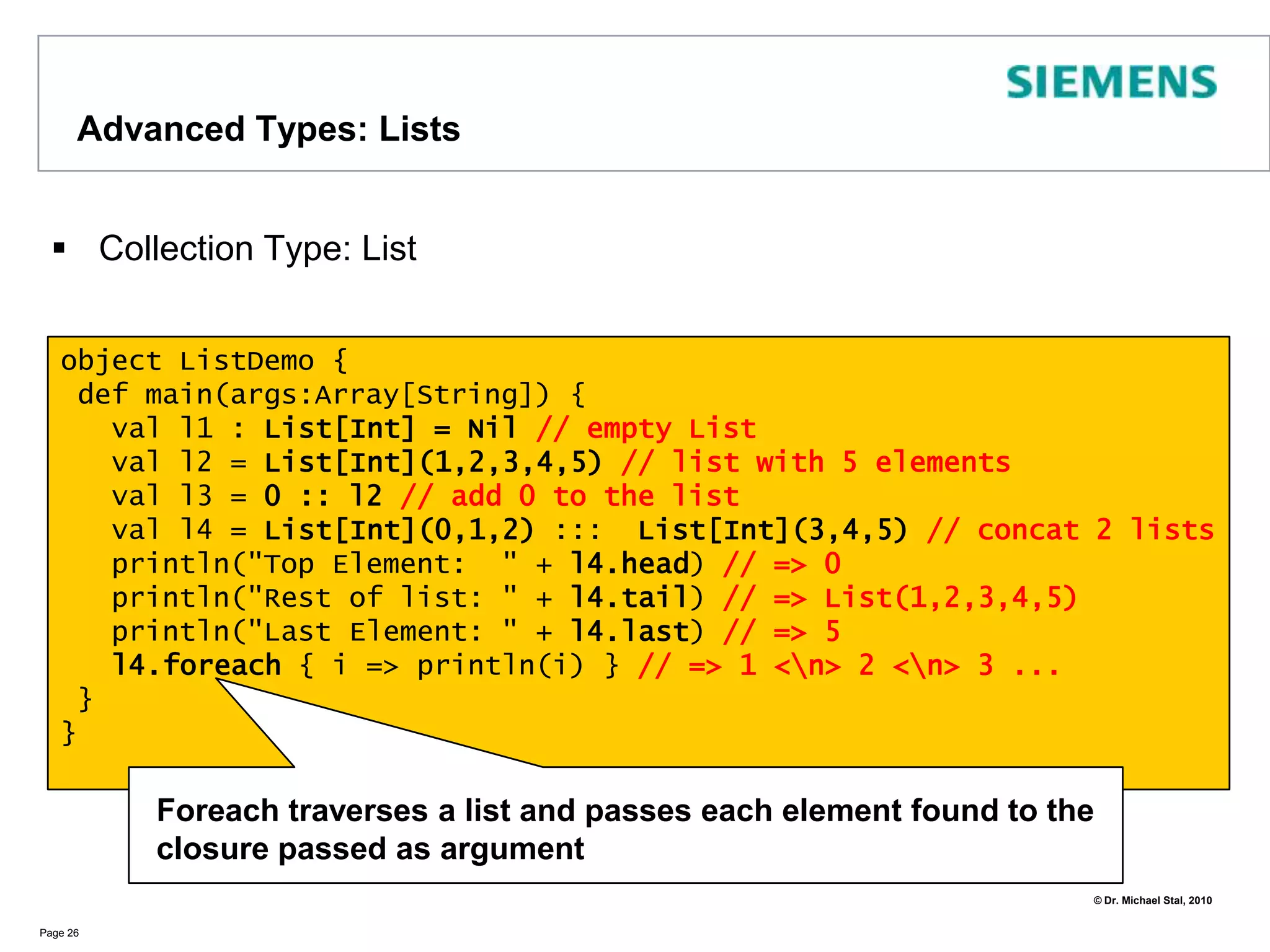 Scala Basics: Exception handlingtry-catch-finally available in Scala but throws isn‘tcatching checked exceptions is optional!catch-order important as in Java, C++ or C#Page 23def temperature(f: Double) {  if (f < 0) throw new IllegalArgumentException()}try {   println("acquiring resources")   temperature(-5)}catch {   case ex:  IllegalArgumentException => println("temperatur < 0!")   case _ => println("unexpected problem")}finally {   println("releasing resources")} 