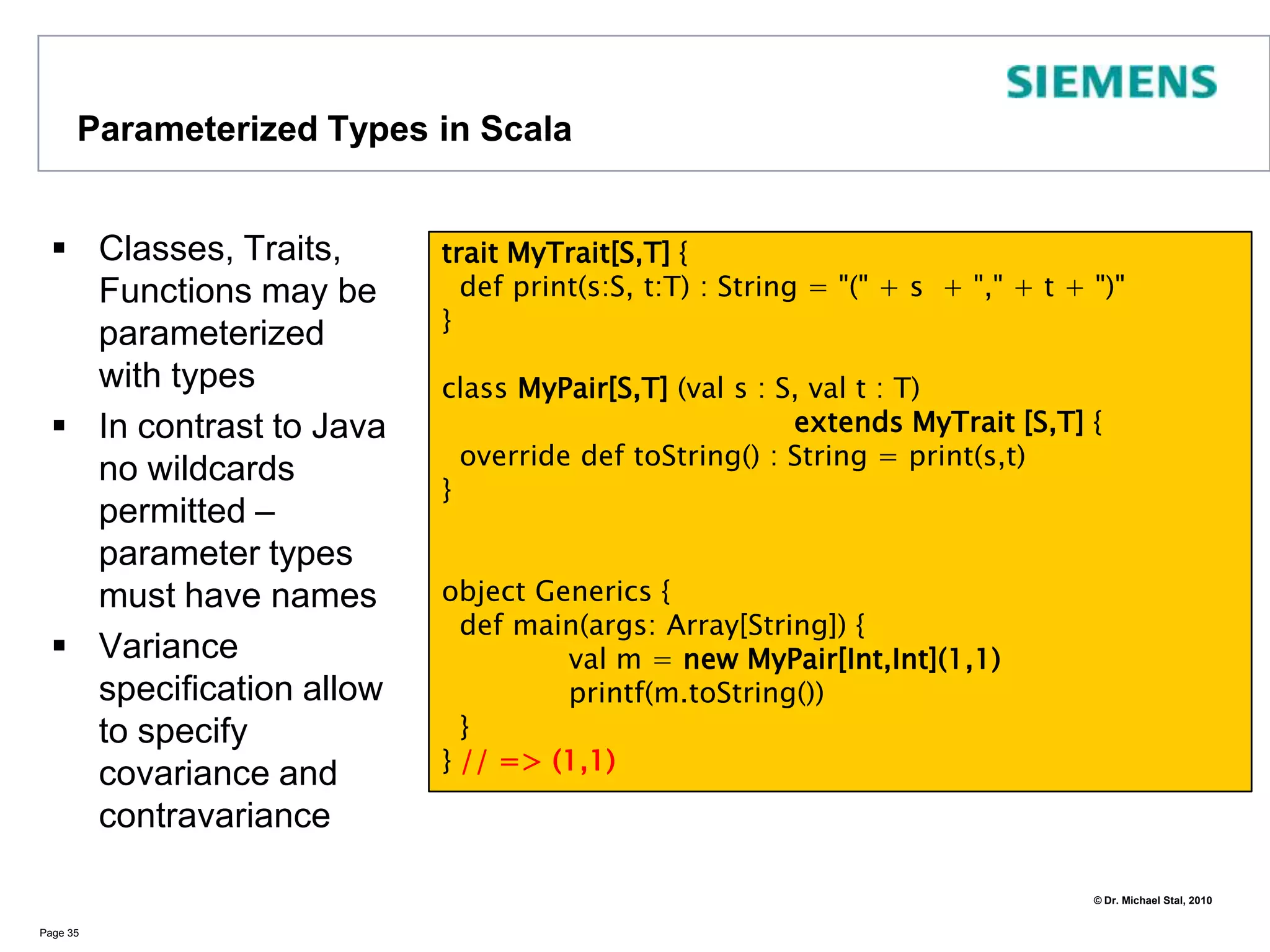 Advanced Types: Regular ExpressionsType: Regex introduces well-known regular expressionsPage 30With this syntax strings remain formatted as specified and escape sequences are not requiredobject RegDemo { def main(args:Array[String]) {val pattern = """\d\d\.\d\d\.\d\d\d\d""".rval sentence = “X was born on 01.01.2000 ?"println (pattern findFirstIn sentence) // => Some(01.01.2000) }}Note: the „r“ in “““<string>“““.r means: regular expression