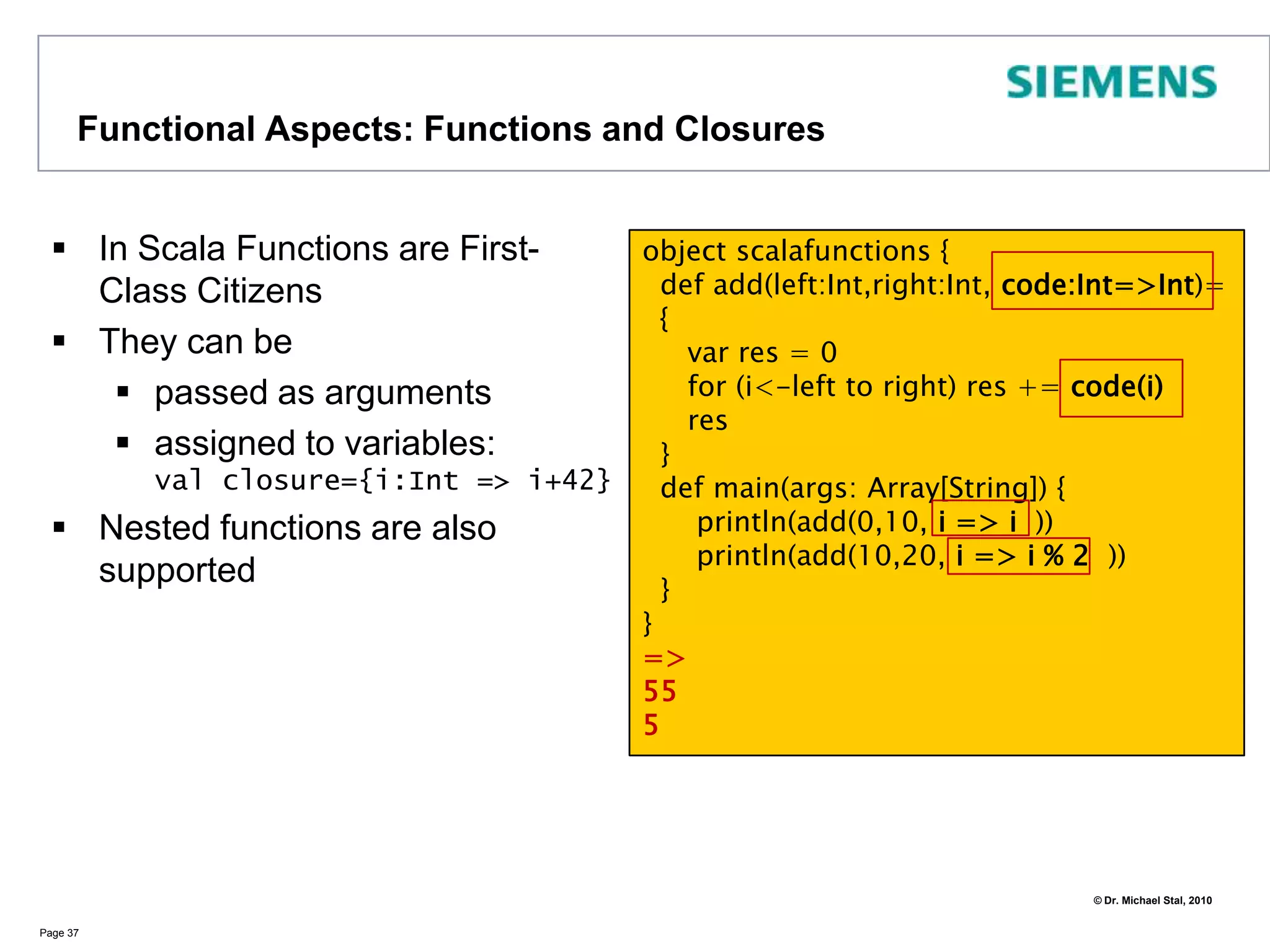 Advanced Types: ArraysArrays hold sequences of elementsAccess very efficientPage 32val a1 = new Array[Int](5) // initialized with zeros val a2 = Array(1,2,3,4,5) // initialized with 1,2,3,4,5println( a2(1) ) // => 2a2(1) = 1 // => Array (1,1,3,4,5)Note:In Scala the assignment operator = does not return a reference to the left variable (e.g., in a = b).Thus, the following is allowed in Java but not in Scala: a = b = c  