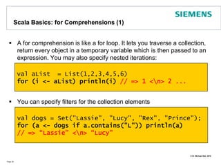 TraitsClasses and instances may mix-in additional functionality using traitsTraits represent an abstraction between interfaces and classesUsing traits we can easily live with the single-inheritance restrictionYou may use also traits via anonymous classes:	val x = new Identity{}  	x.name = "UFO"  	println(x.whoAmI)Page 17trait   Identity  {   var name: String=""   def whoAmI() : String = name	}class  Person extends Identity class Animalobject TraitDemo { def main(args:Array[String]) = {   val p = new Person   p.name = "Michael"   println(p.whoAmI)val a = new Animal with Identity   a.name = "Kittie"   println(a.whoAmI) }} // => Michael <\n> Kittie