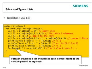Scala Basics: Exception handlingtry-catch-finally available in Scala but throws isn‘tcatching checked exceptions is optional!catch-order important as in Java, C++ or C#Page 23def temperature(f: Double) {  if (f < 0) throw new IllegalArgumentException()}try {   println("acquiring resources")   temperature(-5)}catch {   case ex:  IllegalArgumentException => println("temperatur < 0!")   case _ => println("unexpected problem")}finally {   println("releasing resources")} 