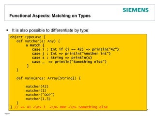 Positional ParametersIf you use a parameter only once, you can use positional notation of parameters with _ (underscore) insteadPage 41object scalafunctions { def main(args:Array[String]) {	val seq= (1 to 10)	println( (0 /: seq) { (sum, elem) => sum + elem } )	println( (0 /: seq) { _ + _ } )  }	}