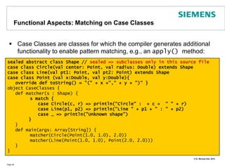 Functions Are Objects Function: S => T trait Function1[-S,+T] {     def apply(x:S):T   }Example:  (x: Int) => x * 2-> new Function1[Int,Int] {     def apply(X:Int):Int = x * 2   }In Scala all function values are objectsBasically, each function is identical to a class with an apply methodThus, you can even derive subclasses from functionsArray is an example for this: class Array [T] (length: Int ) extends (Int => T)  {def length: Int = ...Page 44