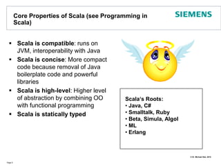 Core Properties of Scala (see Programming in Scala)Scala is compatible: runs on JVM, interoperability with JavaScala is concise: More compact code because removal of Java boilerplate code and powerful librariesScala is high-level: Higher level of abstraction by combining OO with functional programmingScala is statically typedPage 5Scala‘s Roots: Java, C#