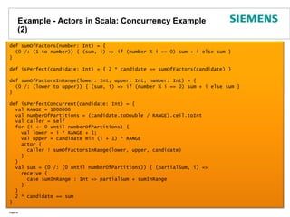 Example - Actors in Scala: Concurrency Example (2)Page 38def sumOfFactors(number: Int) = {  (0 /: (1 to number)) { (sum, i) => if (number % i == 0) sum + i else sum }}def isPerfect(candidate: Int) = { 2 * candidate == sumOfFactors(candidate) }def sumOfFactorsInRange(lower: Int, upper: Int, number: Int) = {  (0 /: (lower to upper)) { (sum, i) => if (number % i == 0) sum + i else sum }}def isPerfectConcurrent(candidate: Int) = {  val RANGE = 1000000  val numberOfPartitions = (candidate.toDouble / RANGE).ceil.toInt  val caller = self  for (i <- 0 until numberOfPartitions) {     val lower = i * RANGE + 1;    val upper = candidate min (i + 1) * RANGE    actor {       caller ! sumOfFactorsInRange(lower, upper, candidate)     }}  val sum = (0 /: (0 until numberOfPartitions)) { (partialSum, i) =>    receive {       case sumInRange : Int => partialSum + sumInRange    }}            2 * candidate == sum}