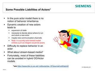 Some Possible Liabilities of Actors*In the pure actor model there is no notion of behavior inheritanceDynamic creation of new actors leads to expansion of statenecessity to decide about where to run and store a new actormaybe new communication channelsNote: in a purely actor-based model entities such as integers would be actorsDifficulty to replace behavior in an actorWhat about stream-based media?Fortunately, most of these liabilities can be avoided in hybrid OO/Actor modelsPage 44*see http://www.doc.ic.ac.uk/~nd/surprise_97/journal/vol2/pjm2/