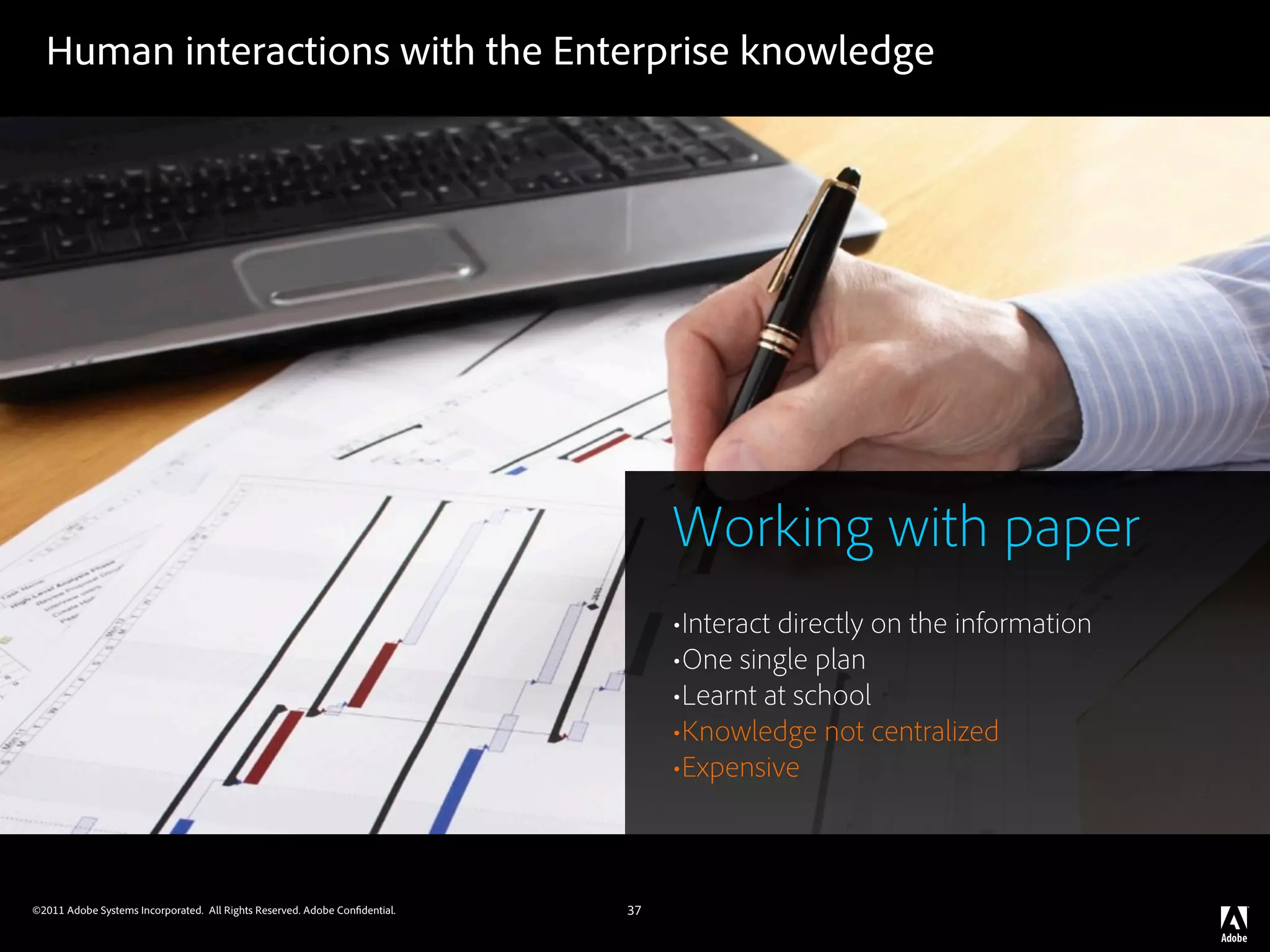 Human interactions with the Enterprise knowledge




                                                                                 Working with paper
                                                                                 •Interact directly on the information
                                                                                 •One single plan
                                                                                 •Learnt at school
                                                                                 •Knowledge not centralized
                                                                                 •Expensive


©2011 Adobe Systems Incorporated. All Rights Reserved. Adobe Con dential.   37
 
