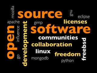 mozilla
               source licenses


                                                  gnu
                                                        eclipse
 apache                               gimp

                 software
                       development
open        inﬂuence



                  communities




                                                         freebsd
                                     collaboration
                                      linux freedom
            go




                                     mongodb
                                               python
 