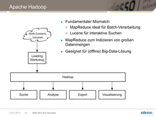Apache Hadoop

                                            ►   Fundamentaler Mismatch:
                                                > MapReduce ideal für Batch-Verarbeitung
                  Web Content,                  > Lucene für interaktive Suchen
                    Intranet
                                            ►   MapReduce zum Indizieren von großen
                                                Datenmengen
                                            ►   Geeignet für (offline) Big-Data-Lösung
                  Loading
                  Werkzeug




                                            Hadoop




         Suche                   Analyse               Export        Visualisierung




27.01.2013   33     OOP 2013 Kai Spichale
 