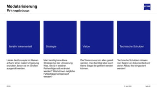 Modularisierung
Erkenntnisse
5. April 2022
ZEISS Seite 32
Lieber die Konzepte im Kleinen
anhand einer realen Umgebung
erproben, bevor sie im Großen
ausgerollt werden.
Man benötigt eine klare
Strategie bei der Umsetzung:
Was, wie & in welcher
Reihenfolge soll verändert
werden? Wie können mögliche
Fehlschläge kompensiert
werden?
Die Vision muss von allen geteilt
werden, man benötigt aber auch
kleine Siege die gefeiert werden
können.
Technische Schulden müssen
von Beginn an dokumentiert und
deren Abbau fest eingeplant
werden!
Iterativ Inkrementell Strategie Vision Technische Schulden
 