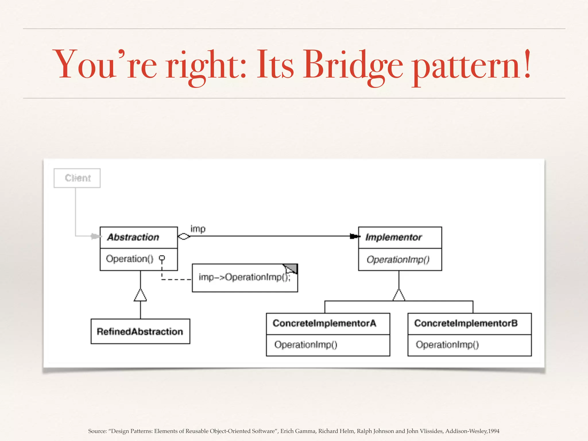 You’re right: Its Bridge pattern!
Source: “Design Patterns: Elements of Reusable Object-Oriented Software”, Erich Gamma, Richard Helm, Ralph Johnson and John Vlissides, Addison-Wesley,1994
 
