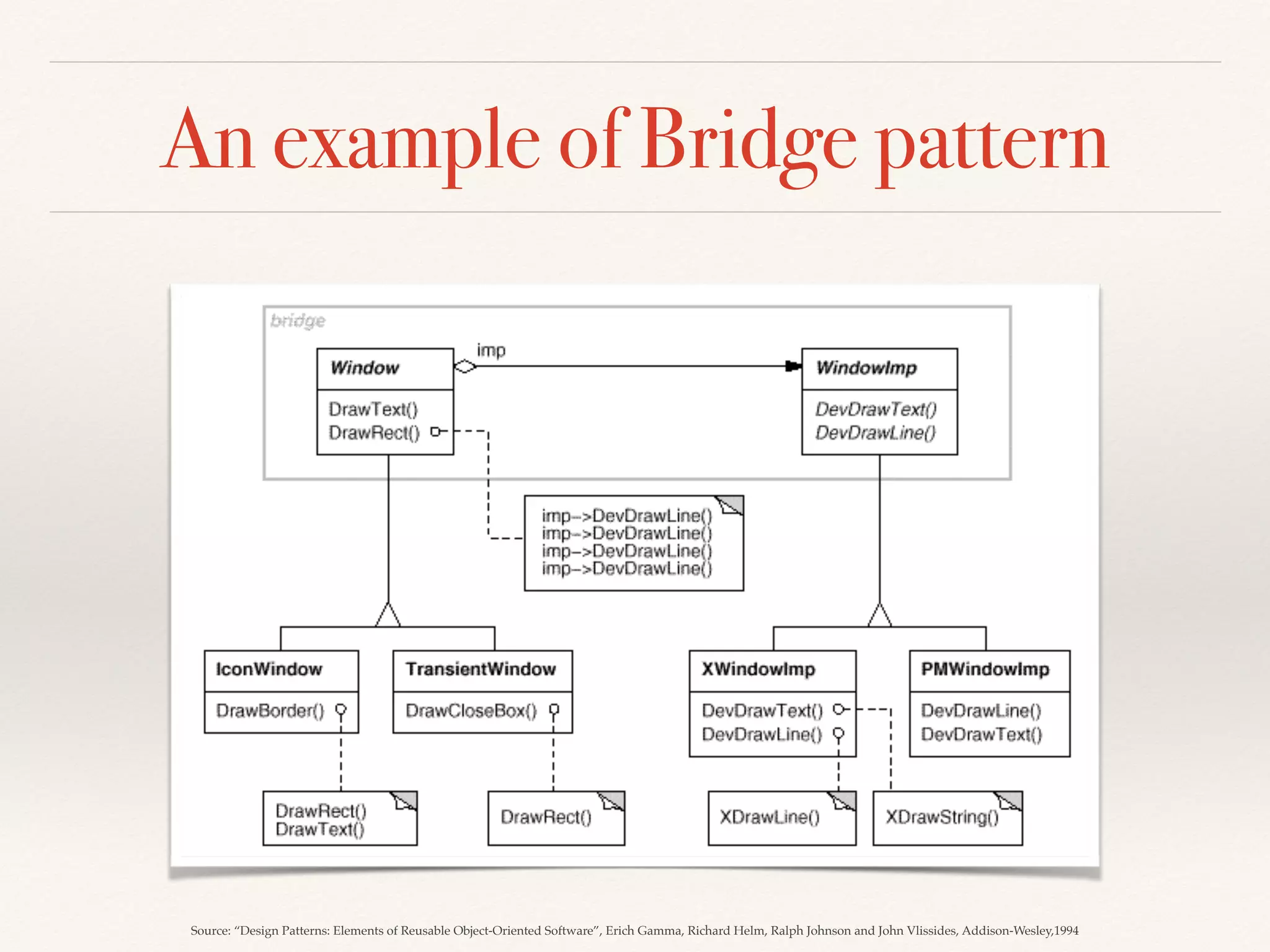 An example of Bridge pattern
Source: “Design Patterns: Elements of Reusable Object-Oriented Software”, Erich Gamma, Richard Helm, Ralph Johnson and John Vlissides, Addison-Wesley,1994
 