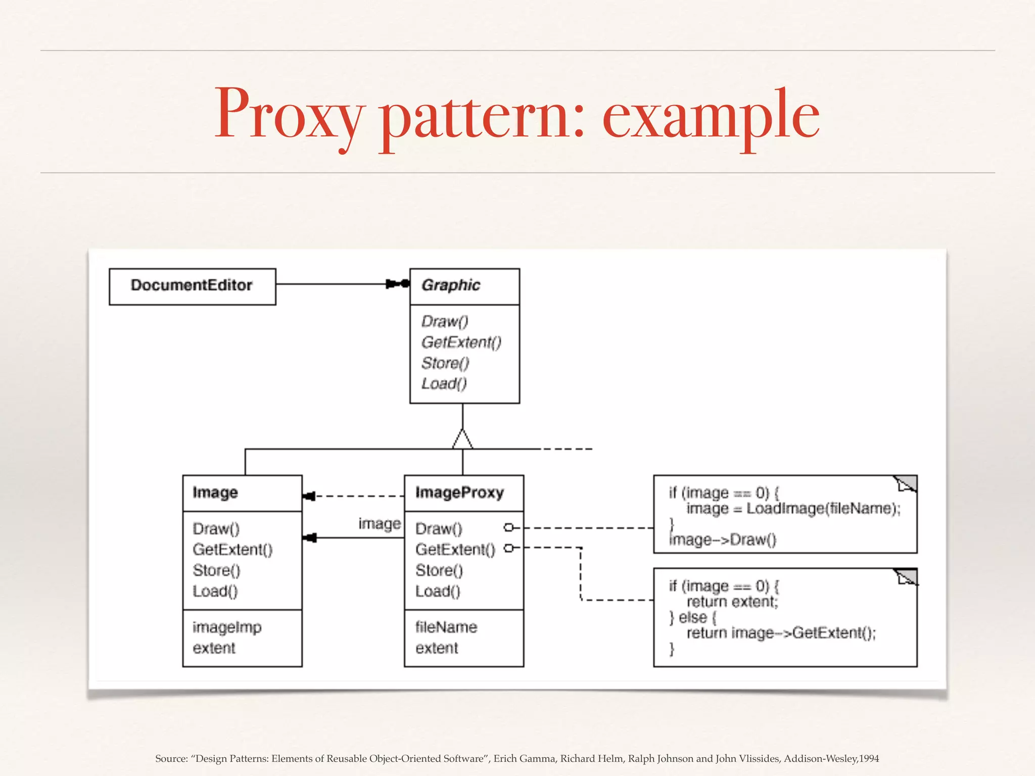 Proxy pattern: example
Source: “Design Patterns: Elements of Reusable Object-Oriented Software”, Erich Gamma, Richard Helm, Ralph Johnson and John Vlissides, Addison-Wesley,1994
 