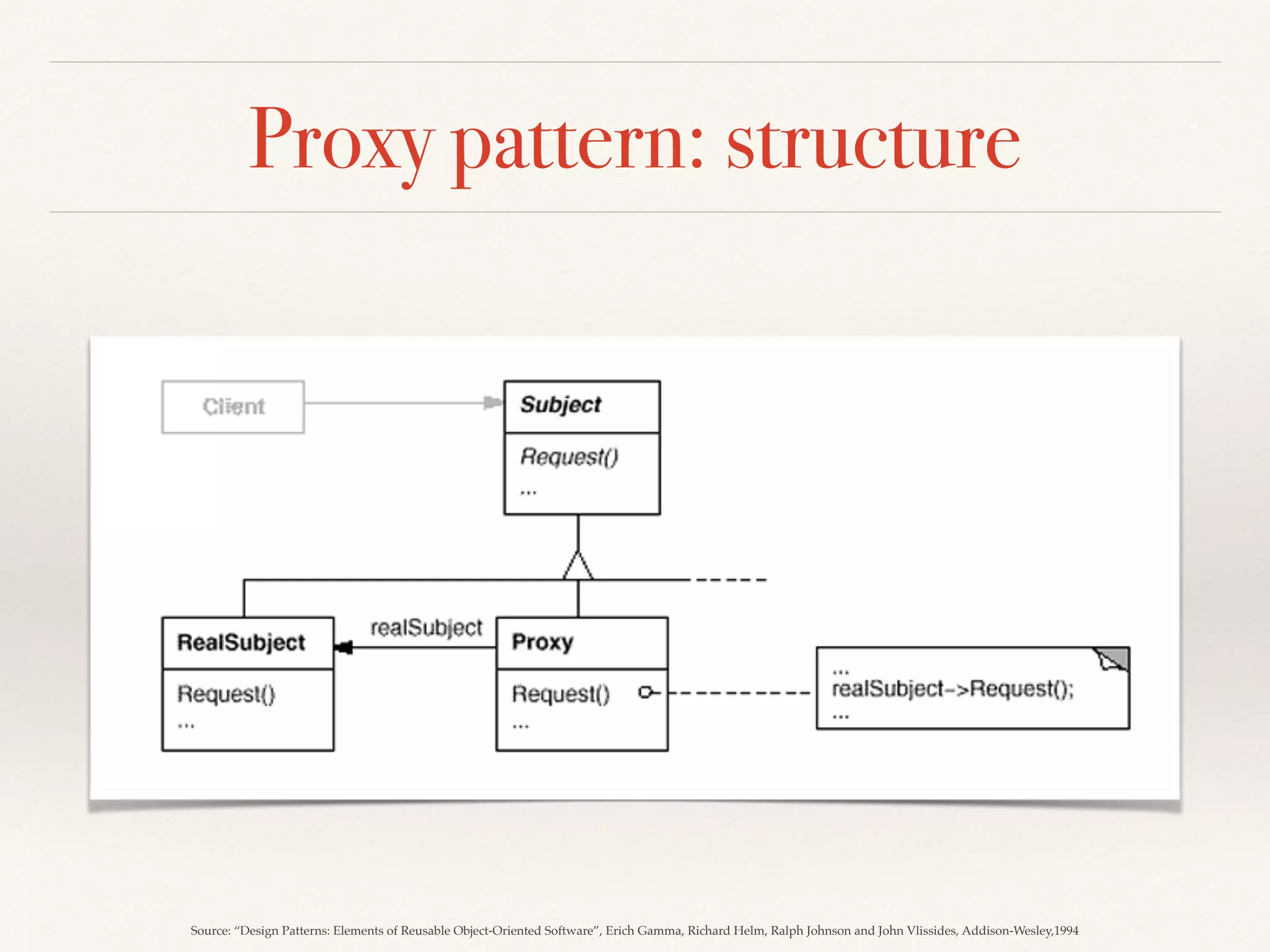 Proxy pattern: structure
Source: “Design Patterns: Elements of Reusable Object-Oriented Software”, Erich Gamma, Richard Helm, Ralph Johnson and John Vlissides, Addison-Wesley,1994
 