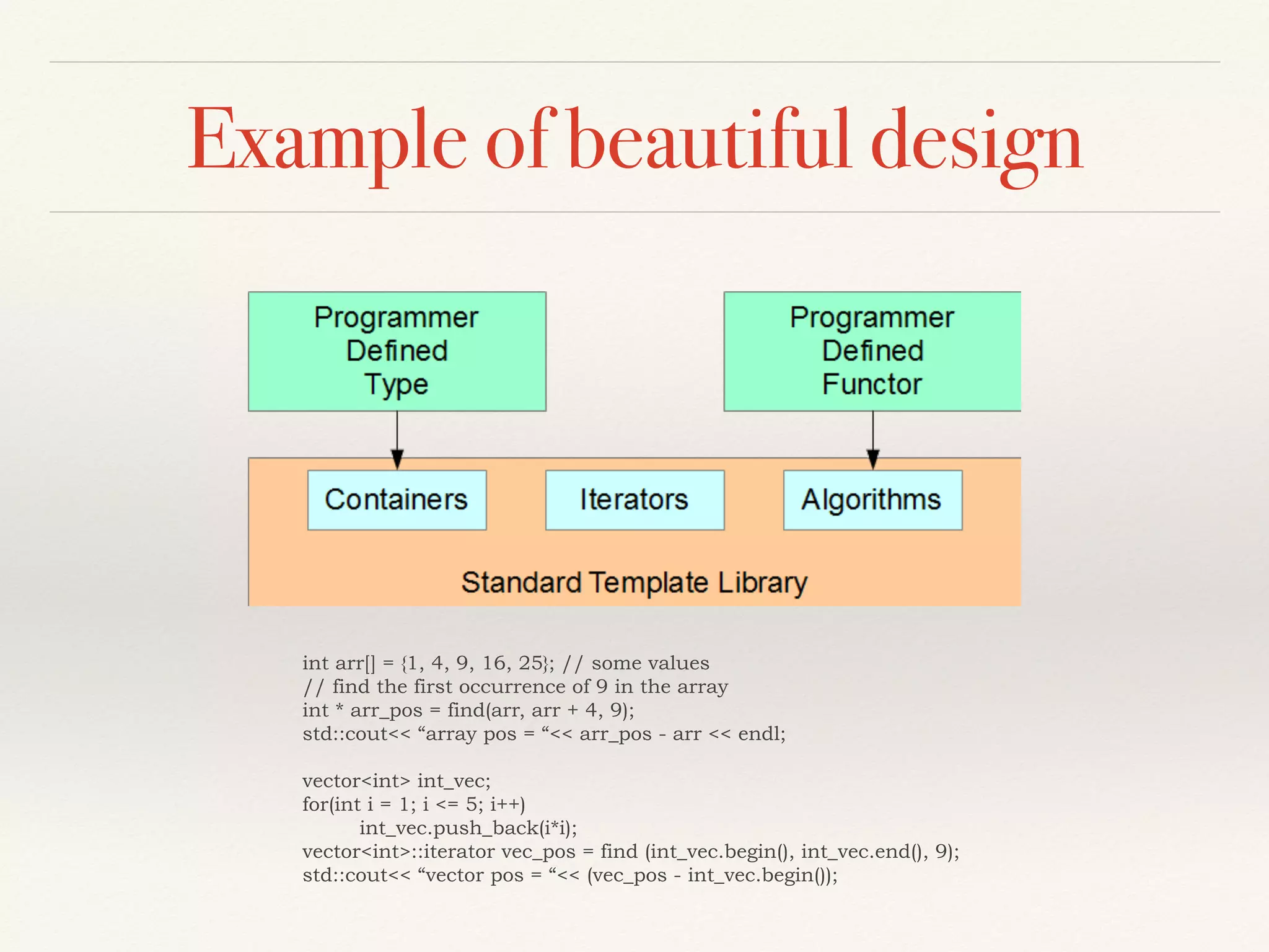 Example of beautiful design
int arr[] = {1, 4, 9, 16, 25}; // some values
// find the first occurrence of 9 in the array
int * arr_pos = find(arr, arr + 4, 9);
std::cout<< “array pos = “<< arr_pos - arr << endl;
vector<int> int_vec;
for(int i = 1; i <= 5; i++)
int_vec.push_back(i*i);
vector<int>::iterator vec_pos = find (int_vec.begin(), int_vec.end(), 9);
std::cout<< “vector pos = “<< (vec_pos - int_vec.begin());
 