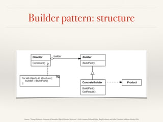 Builder pattern: structure
Source: “Design Patterns: Elements of Reusable Object-Oriented Software”, Erich Gamma, Richard Helm, Ralph Johnson and John Vlissides, Addison-Wesley,1994
 