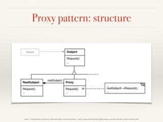 Proxy pattern: structure
Source: “Design Patterns: Elements of Reusable Object-Oriented Software”, Erich Gamma, Richard Helm, Ralph Johnson and John Vlissides, Addison-Wesley,1994
 