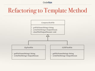 Refactoring to Template Method
CompressTextFile
+ getFileName(String): String
+ writeFile(String): OutputStream
+ closeFile(OutputStream): void
ZipTextFile
+ getFileName(String): String
+ writeFile(String): OutputStream
GZIPTextFile
+ getFileName(String): String
+ writeFile(String): OutputStream
 