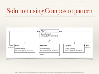 Solution using Composite pattern
Source: “Design Patterns: Elements of Reusable Object-Oriented Software”, Erich Gamma, Richard Helm, Ralph Johnson and John Vlissides, Addison-Wesley,1994
 
