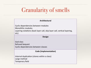 Granularity of smells
Architectural+
+
Cyclic&dependencies&between&modules&
Monolithic&modules&&
Layering&viola9ons&(back&layer&call,&skip&layer&call,&ver9cal&layering,&
etc)&
Design+
+
God&class&
Refused&bequest&&
Cyclic&dependencies&between&classes&
Code+(implementa6on)++
+
Internal&duplica9on&(clones&within&a&class)&&
Large&method&&
Temporary&ﬁeld&&
 