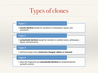 Types of clones
• exactly(iden,cal(except'for'varia.ons'in'whitespace,'layout,'and'
comments'
Type'1'
• syntac,cally(iden,cal(except'for'varia.on'in'symbol'names,'whitespace,'
layout,'and'comments'
Type'2'
• iden.cal'except'some'statements(changed,(added,(or(removed(
Type'3'
• when'the'fragments'are'seman,cally(iden,cal(but'implemented'by'
syntac.c'variants'
Type'4'
 