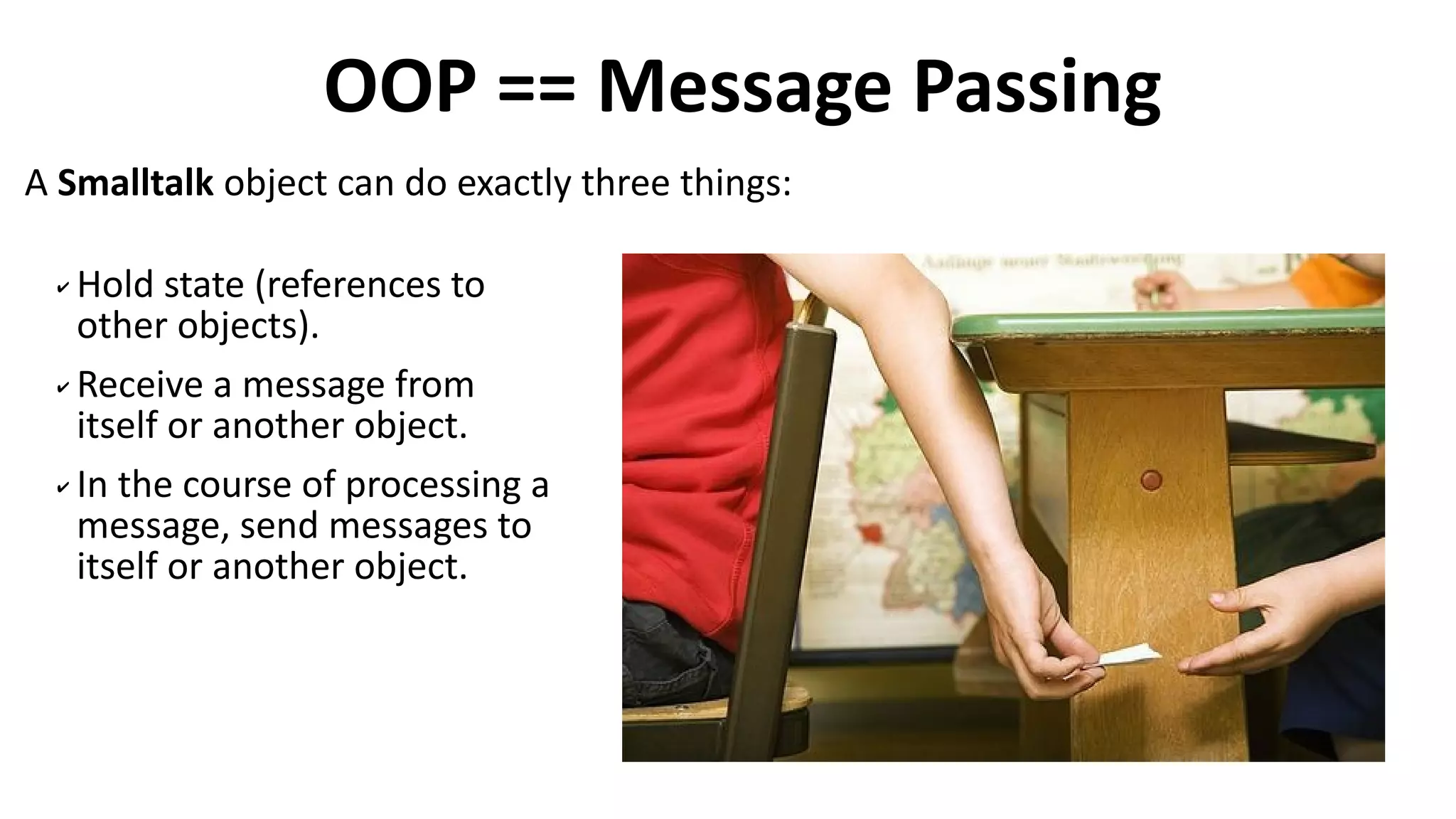 A Smalltalk object can do exactly three things:
OOP == Message Passing
✔ Hold state (references to
other objects).
✔ Receive a message from
itself or another object.
✔ In the course of processing a
message, send messages to
itself or another object.
 