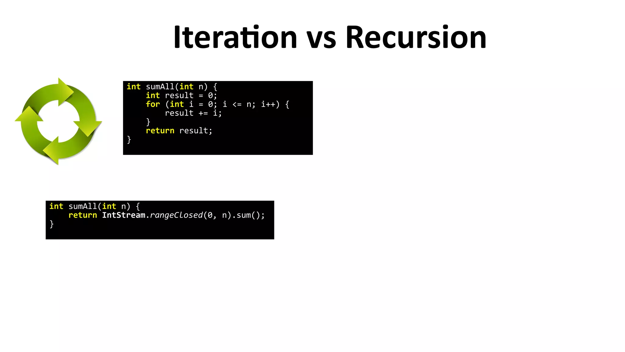 Iteration vs Recursion
int sumAll(int n) {
int result = 0;
for (int i = 0; i <= n; i++) {
result += i;
}
return result;
}
int sumAll(int n) {
return IntStream.rangeClosed(0, n).sum();
}
 