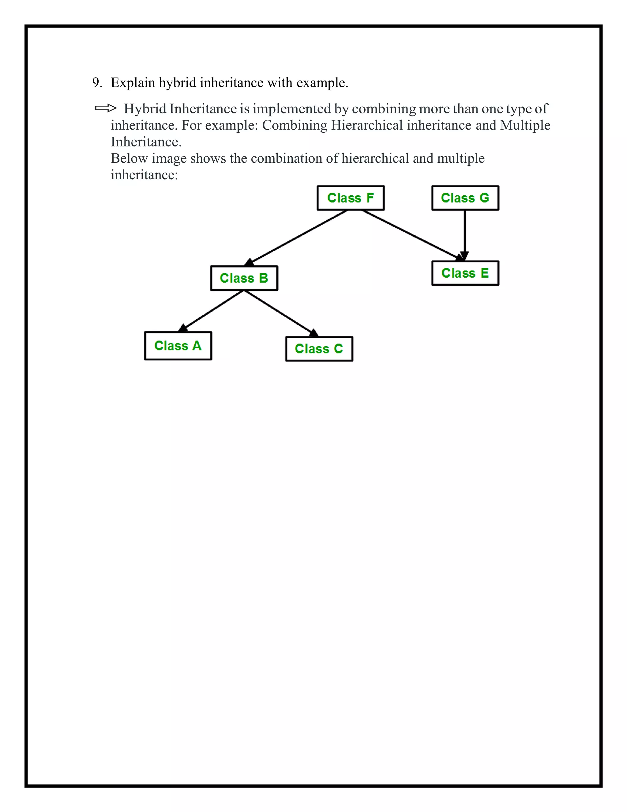 9. Explain hybrid inheritance with example.
 Hybrid Inheritance is implemented by combining more than one type of
inheritance. For example: Combining Hierarchical inheritance and Multiple
Inheritance.
Below image shows the combination of hierarchical and multiple
inheritance:
 