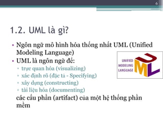 1.2. UML là gì?
• Ngôn ngữ mô hình hóa thống nhất UML (Unified
Modeling Language)
• UML là ngôn ngữ để:
▫ trực quan hóa (visualizing)
▫ xác định rõ (đặc tả - Specifying)
▫ xây dựng (constructing)
▫ tài liệu hóa (documenting)
các cấu phần (artifact) của một hệ thống phần
mềm
6
 