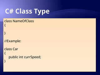 C# Class Type
class NameOfClass
{
}
//Example:
class Car
{
public int currSpeed;
}
 