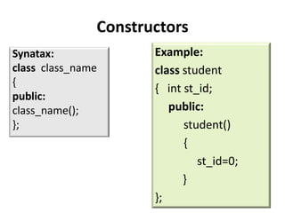 Constructors
Synatax:              Example:
class class_name      class student
{
                      { int st_id;
public:
class_name();            public:
};                          student()
                            {
                               st_id=0;
                            }
                      };
 