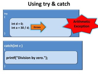 Using try & catch
try
{
                                        Arithmetic
       int d = 0;
       int a = 30 / d;   throws         Exception
}



catch(int e )
{


    printf("Division by zero.");

}
 